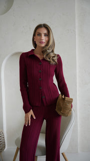 Lucienne Knit Shirt & Trouser Set in Burgundy