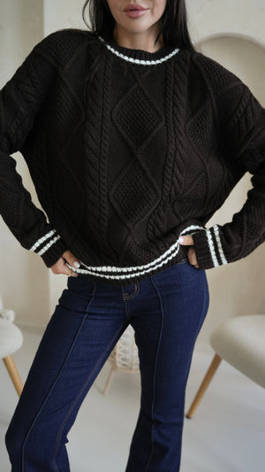 Beatrice Contrast-Trim Cable Sweater – Black