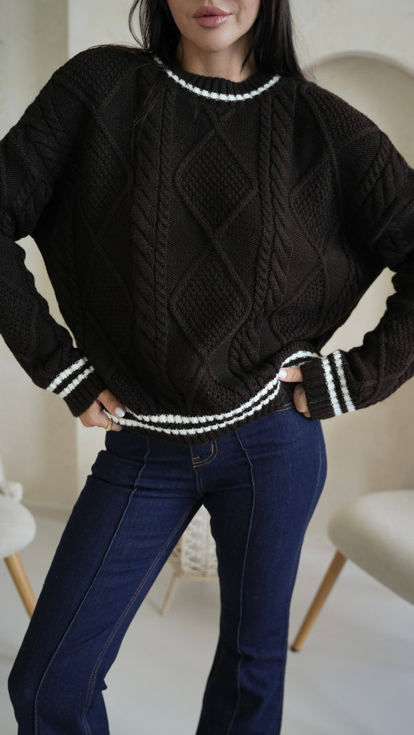 Beatrice Contrast-Trim Cable Sweater – Black