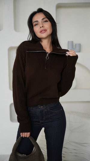 Éliane Half-Zip Cropped Sweater – Brown