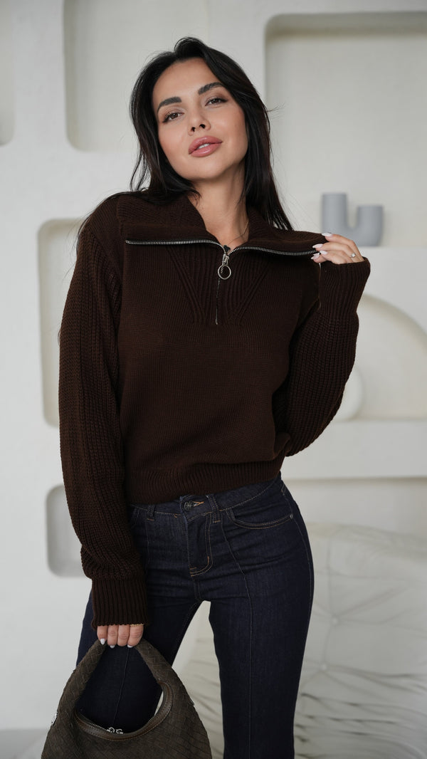 Éliane Half-Zip Cropped Sweater – Brown