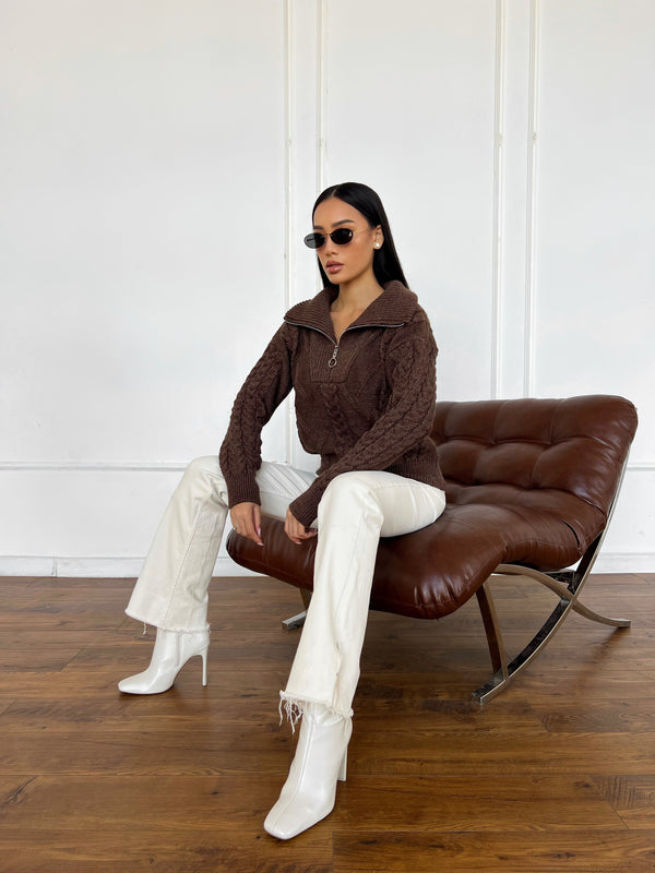 Vera Cable Half-Zip Sweater – Brown