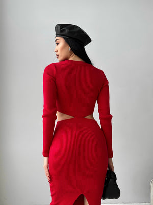 Nadia Ribbed Cut-Out Knit Set – Red