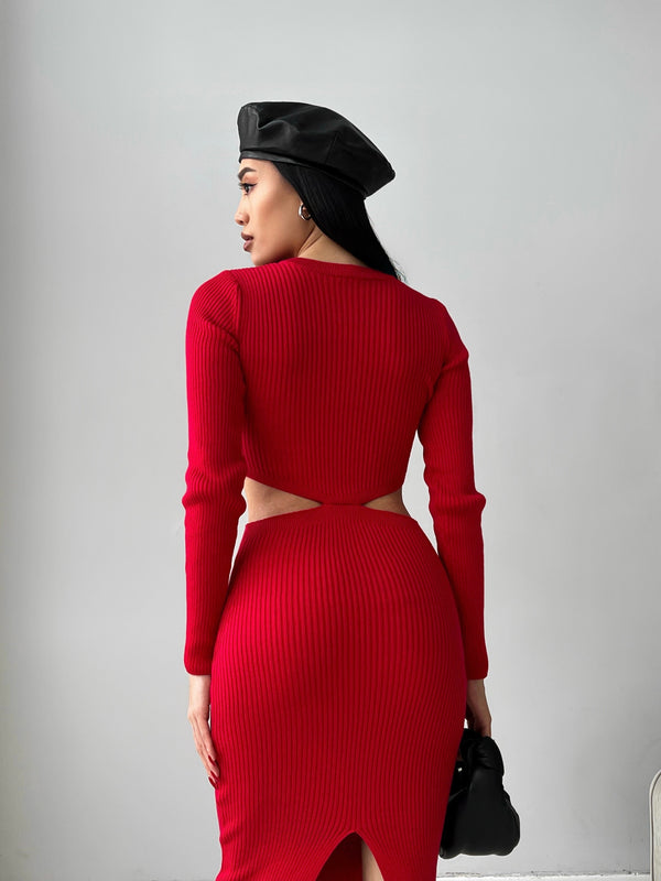Nadia Ribbed Cut-Out Knit Set – Red
