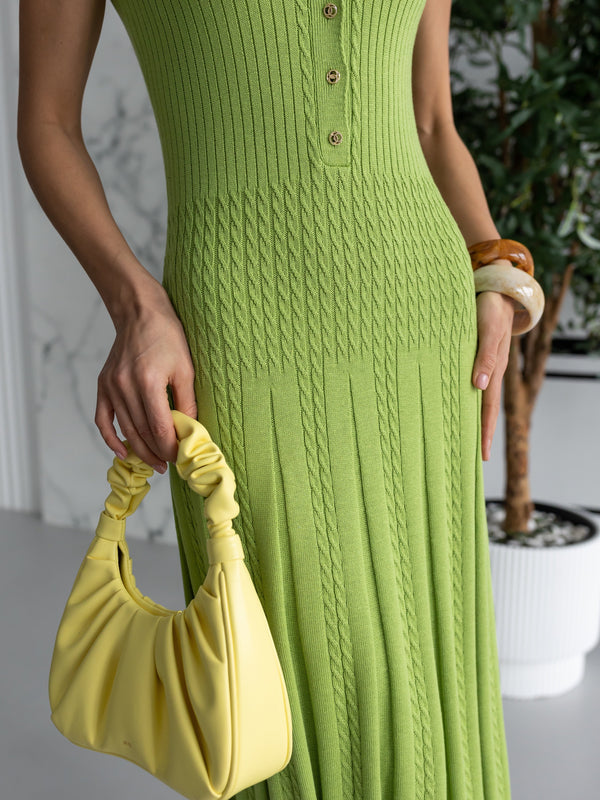 Victorine Pleated Polo Knit Dress – Green