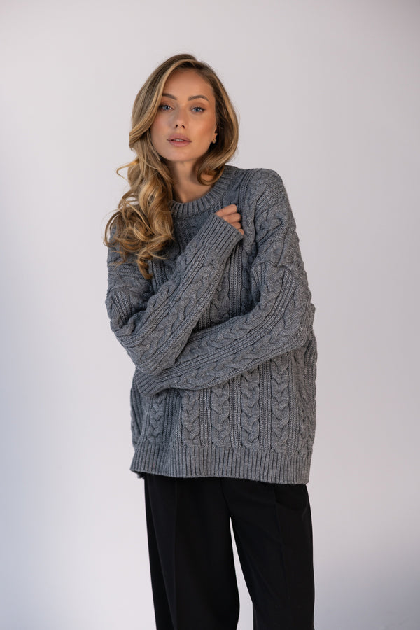 Mireille Cable Knit Sweater – Light Grey