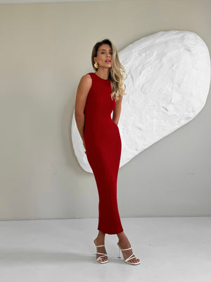 Anaëlle Ribbed Column Maxi Dress – Red