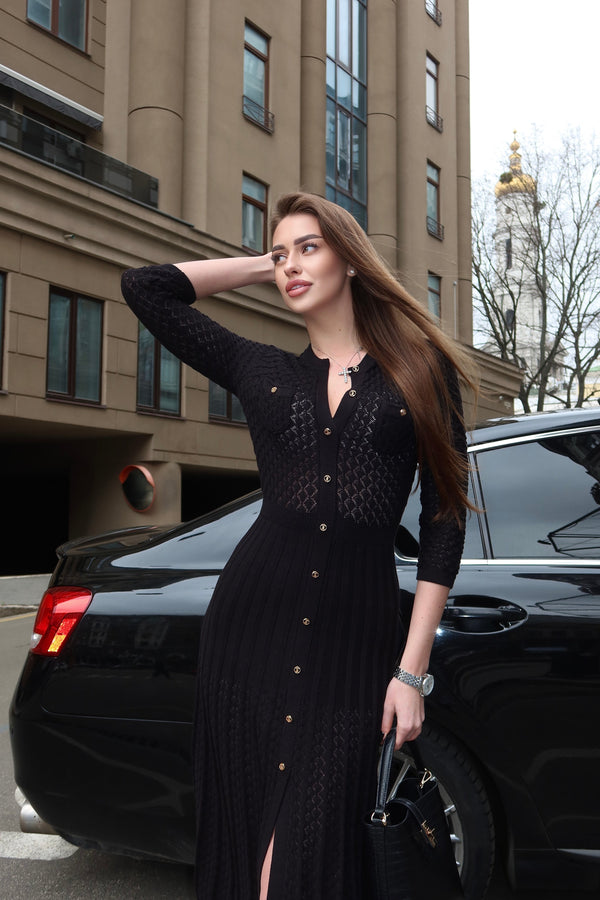 Aurelie Pointelle Knit Maxi Dress – Black