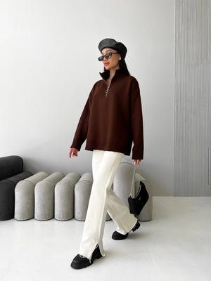 Maren Half-Zip Tunic Sweater – Brown