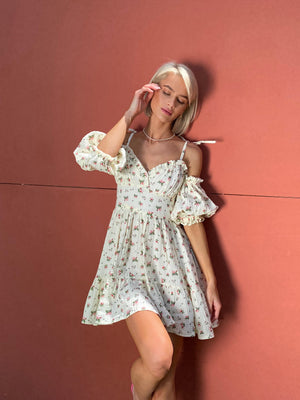 Flavie Off-Shoulder Tiered Mini Dress – Rose