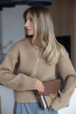 Romy Zip-Front Knit Jacket – Camel