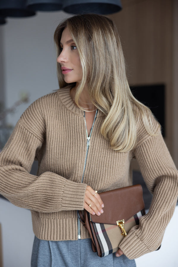 Romy Zip-Front Knit Jacket – Camel