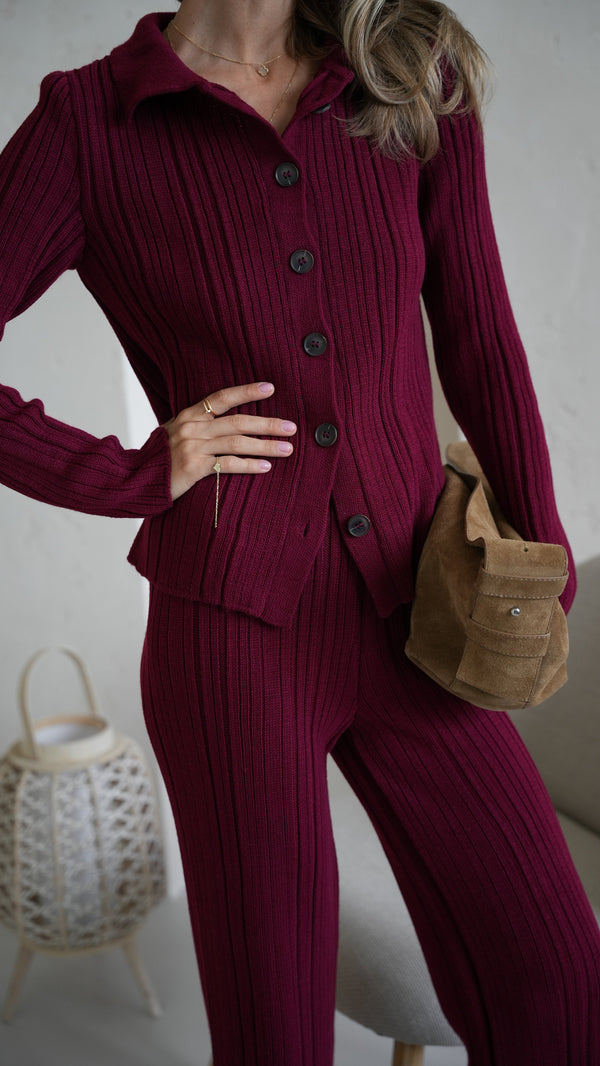 Lucienne Knit Shirt & Trouser Set – Burgundy