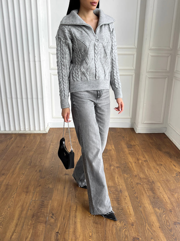 Vera Cable Half-Zip Sweater – Grey