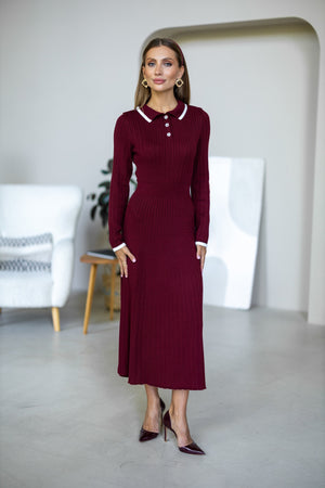 Constance Contrast-Collar Knit Midi Dress – Burgundy