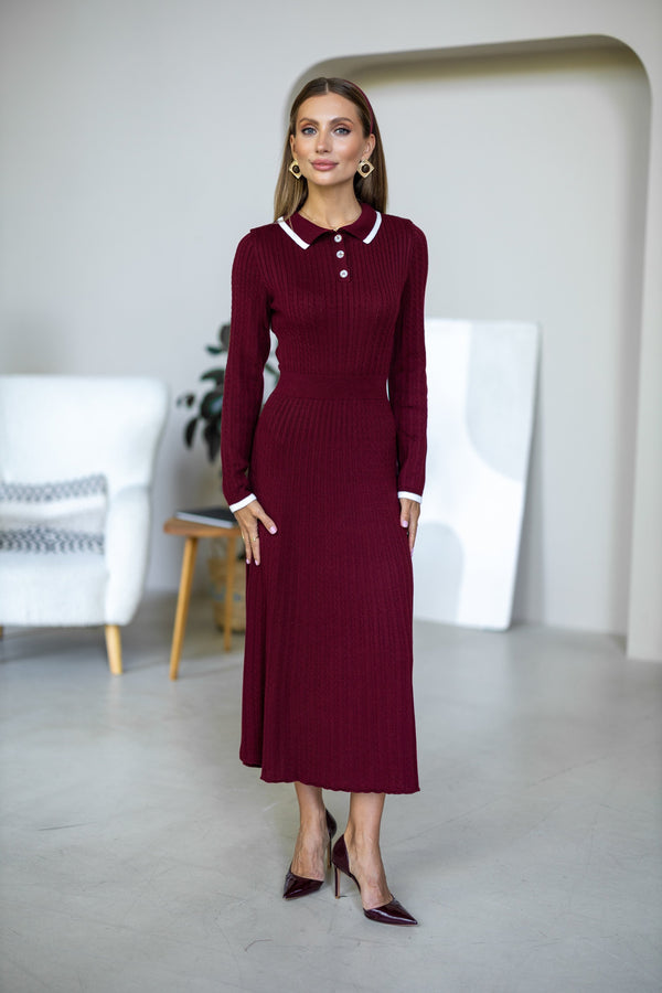 Constance Contrast-Collar Knit Midi Dress – Burgundy