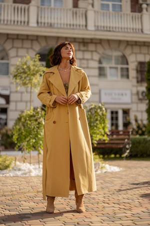 Dorothée Belted Faux-Leather Trench – Mustard