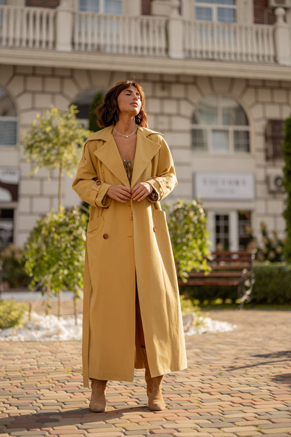 Dorothée Belted Faux-Leather Trench – Mustard