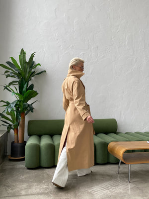 Dorothée Belted Faux-Leather Trench – Camel