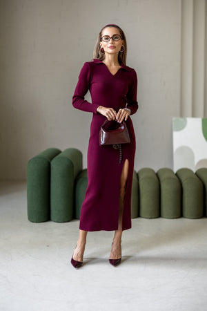 Sylvie Collared Knit Midi Dress – Burgundy