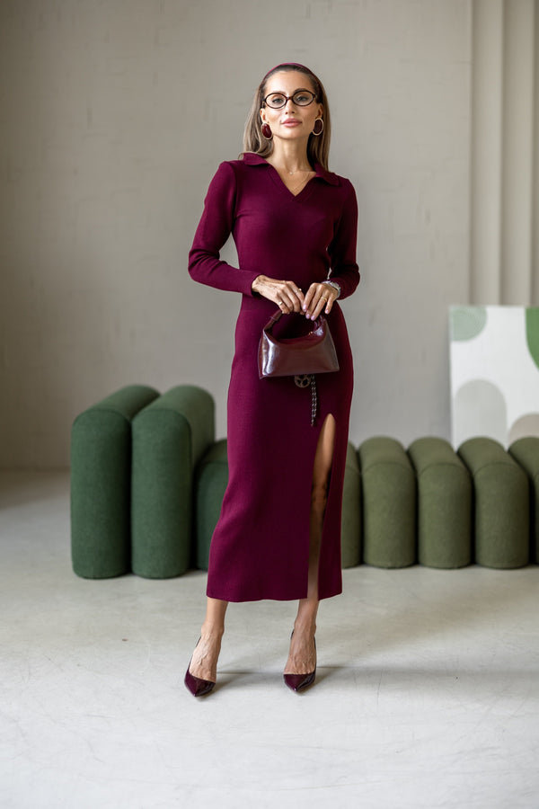 Sylvie Collared Knit Midi Dress – Burgundy