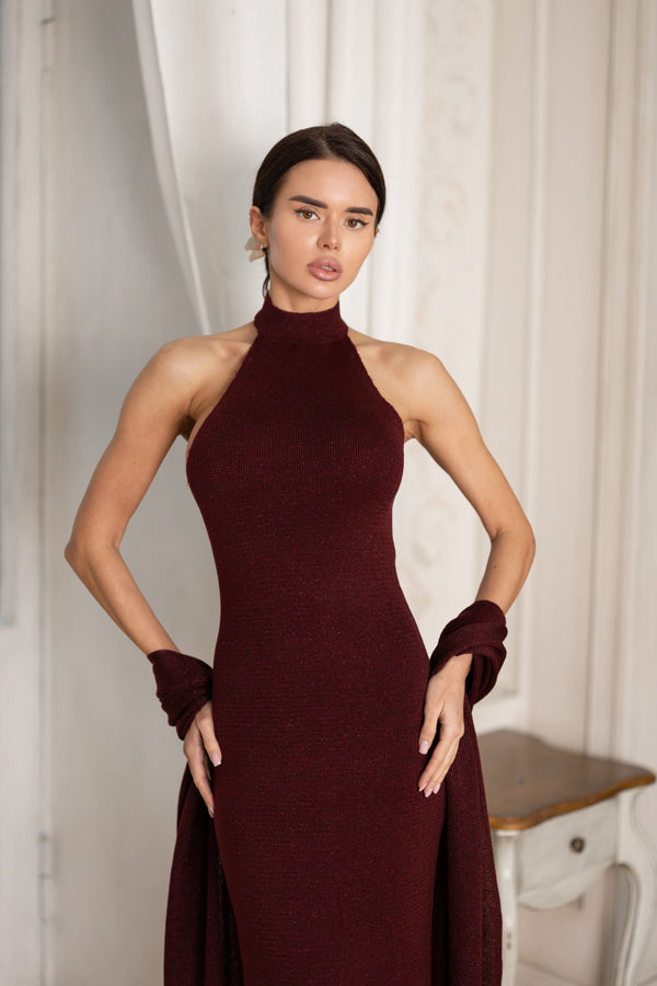 Salomé Halter Maxi & Cardigan Set – Burgundy