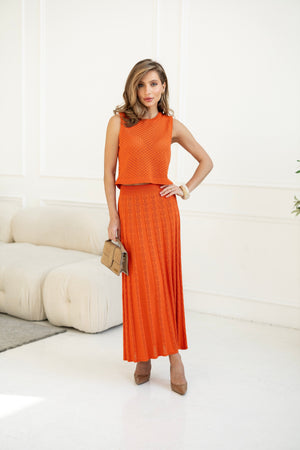 Ophélie Knit Top & Pleated Skirt Set – Orange