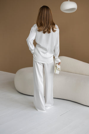 Armelle Satin Shirt & Trouser Set – Milk White