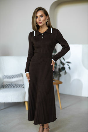 Constance Contrast-Collar Knit Midi Dress – Brown