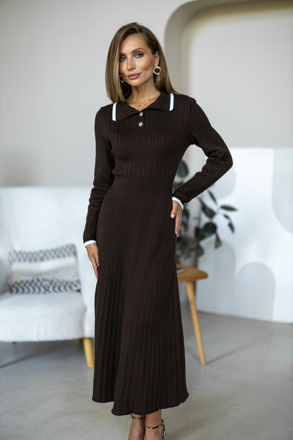 Constance Contrast-Collar Knit Midi Dress – Brown