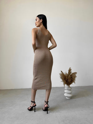 Isaure Ribbed Knit Midi Dress – Camel