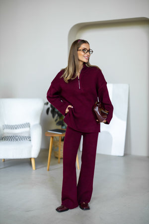 Agathe Half-Zip Knit Set – Burgundy