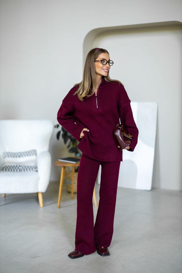 Agathe Half-Zip Knit Set – Burgundy
