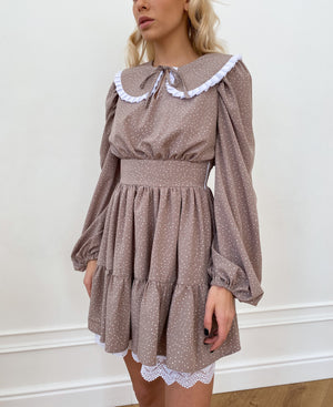 Oriane Lace-Trim Printed Mini Dress – Mocha