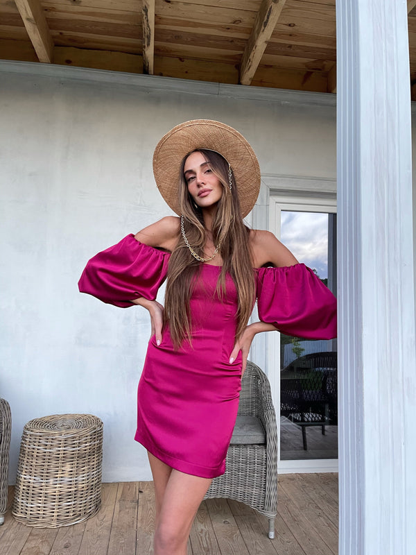Sylvette Off-Shoulder Satin Mini Dress – Fuchsia