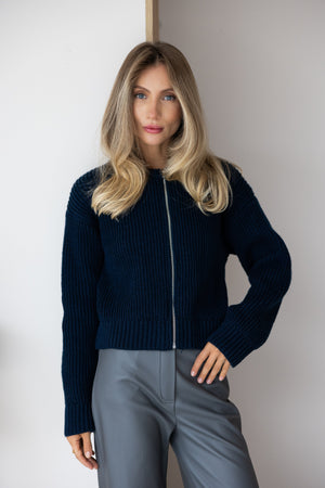 Romy Zip-Front Knit Jacket – Navy