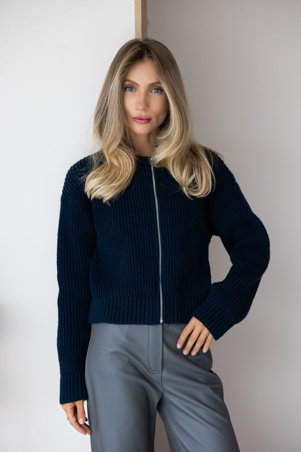 Romy Zip-Front Knit Jacket – Navy