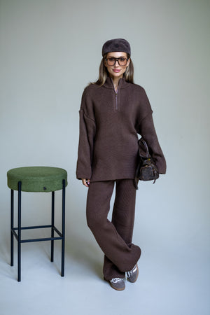 Agathe Half-Zip Knit Set – Brown