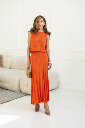 Ophélie Knit Top & Pleated Skirt Set – Orange