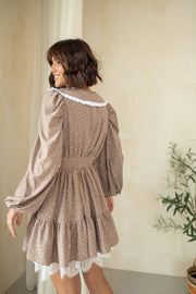 Oriane Lace-Trim Printed Mini Dress in Beige Dot