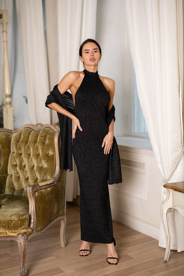 Salomé Halter Maxi & Cardigan Set – Black