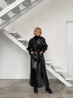Dorothée Belted Faux-Leather Trench – Black