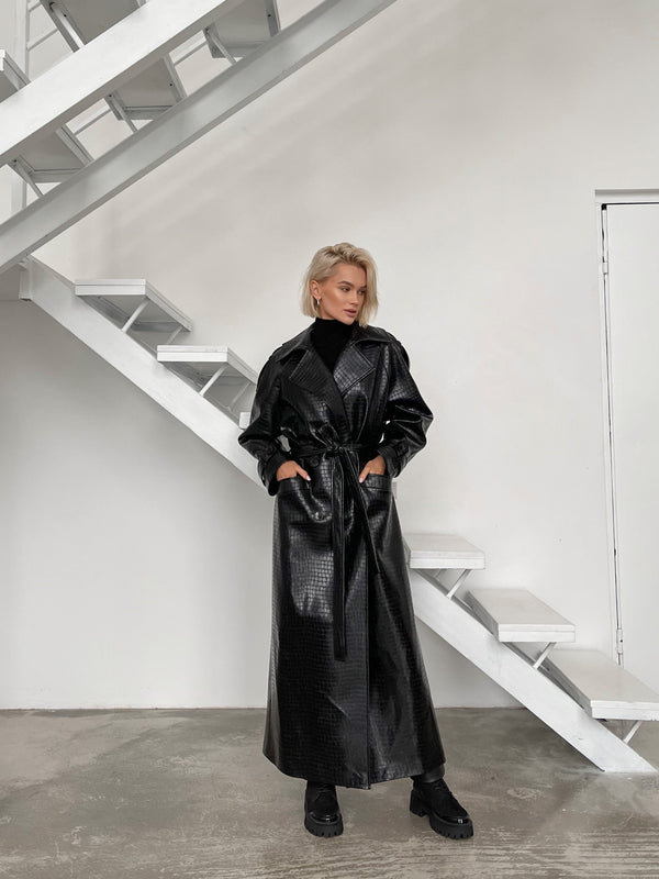 Dorothée Belted Faux-Leather Trench – Black
