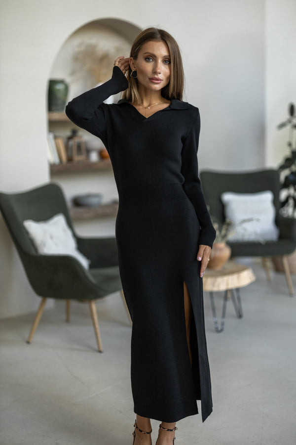 Sylvie Collared Knit Midi Dress – Black
