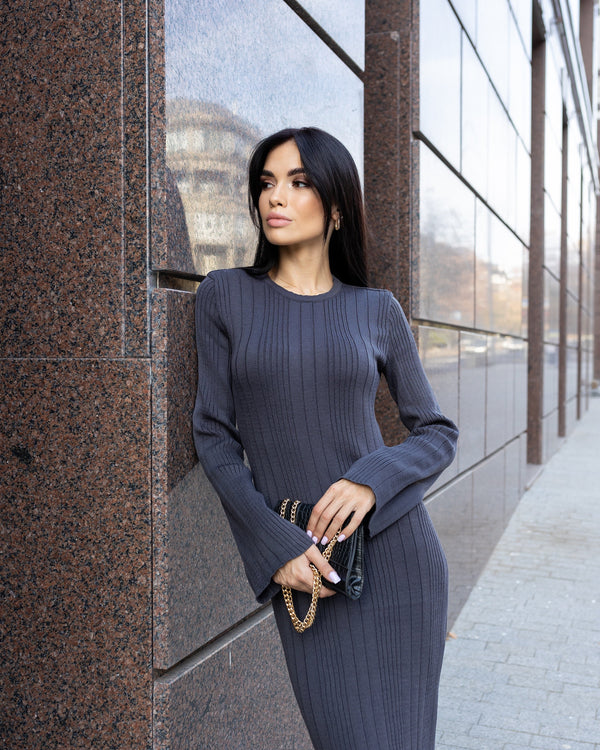 Rosalie Ribbed Midi Dress – Graphite