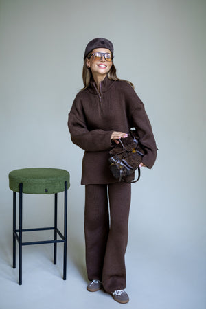 Agathe Half-Zip Knit Set – Brown