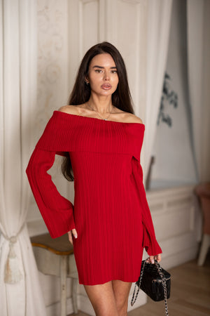 Noor Off-Shoulder Knit Dress – Red