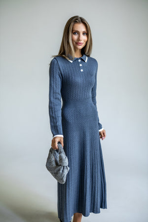 Constance Contrast-Collar Knit Midi Dress – Blue
