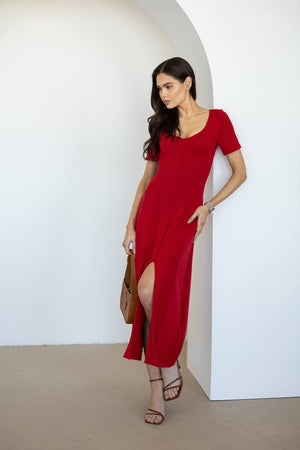 Isadora Slit Knit Maxi Dress – Red