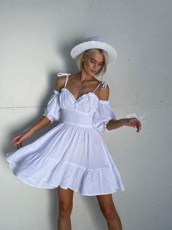 Flavie Off-Shoulder Tiered Mini Dress – White